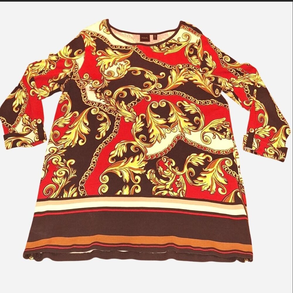 Women's size XL quality tunic, red, black and gold print, 100%  cotton.